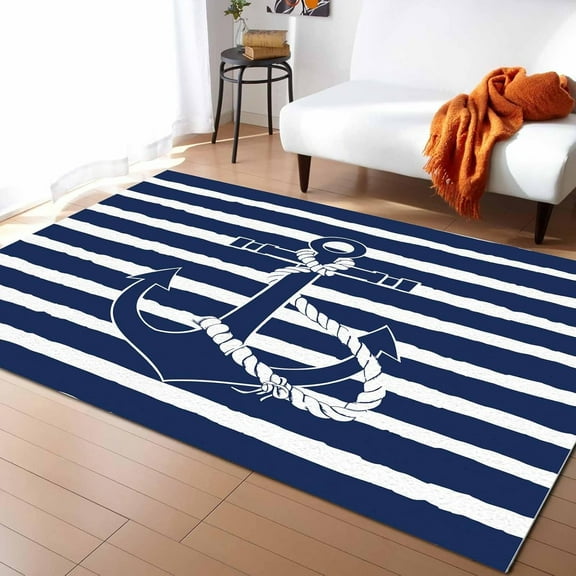 Nautical Anchor Area Rugs for Living Room, Navy Blue Stripe Collection Area Runner Rugs Non Slip Bedroom Carpets Hallways Rug, Outdoor Indoor Nursery Rugs Décor 2x3ft(Small)