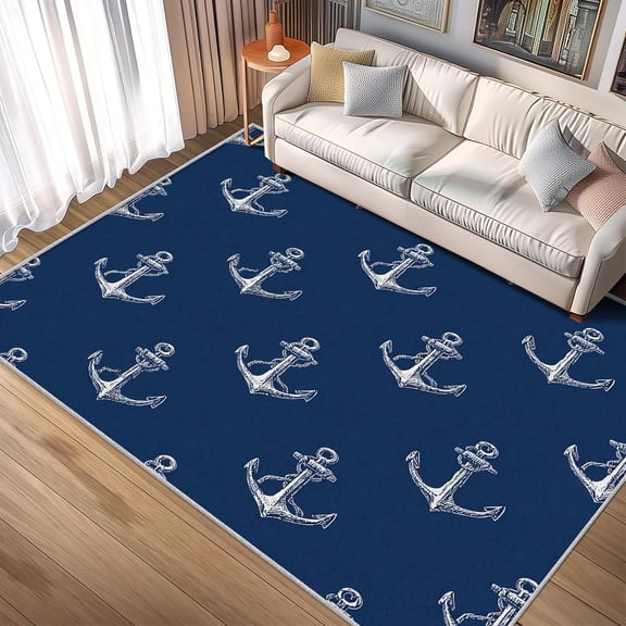 Nautical Anchor Area Rugs, Navy Blue Coastal Carpet, Washable Non Slip Low Pile Soft Rug for Bedroom Living Room Decor Mat 2ftx3ft
