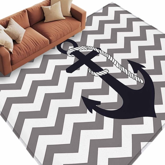 Nautical Anchor Area Rug 5x8ft Gray Chevron Striped Abstract Geometric Non-Slip Washable Square Rugs Soft Felt Indoor Floor Mat for Bedroom Kitchen Living Room Bathroom