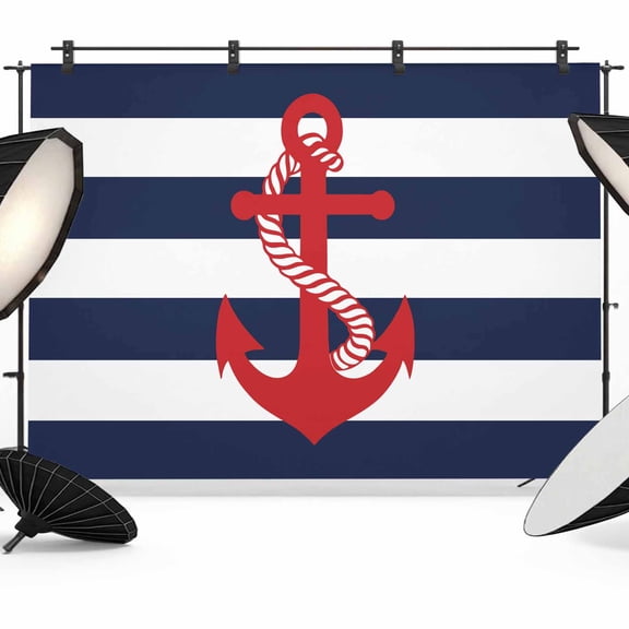 Nautical Anchor Backdrop for Photography, Coastal Navy Blue Stripe Photo Backdrop Portrait Background Party Banner Photo Backgrounds for Studio Booth Props, 8x6ft