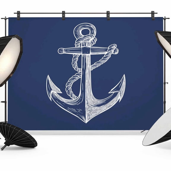 Nautical Anchor Backdrop for Photoshoot,Photography Photo Studio Background Wall Backdrop,Navy Blue Coastal Marine Minimalist Rope Back Drop Banner Panel for Portraits Wedding Live Streaming 8x6Ft