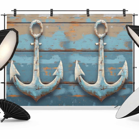 Nautical Anchor Backdrop for Photoshoot,Photography Photo Studio Background Wall Backdrop,Retro Farmhouse Blue Wooden Grain Back Drop Banner Panel for Portraits Wedding Party Live Streaming 8x6Ft