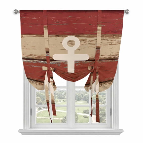 Nautical Anchor Balloon Curtains for Windows, Bedroom Curtains 54 Inch Length, Red Beige Rretro Wooden Board Textures Tie Up Curtains Panels Thermal Insulated Bathroom Curtains Window 42"x54"