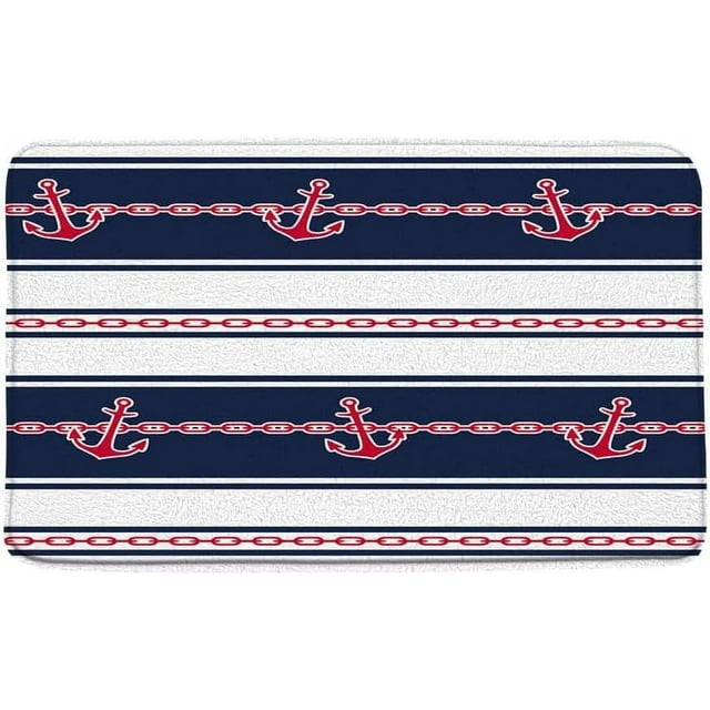 Nautical Anchor Bath Mat Navy Blue and White Stripe Anchors Sea Ocean