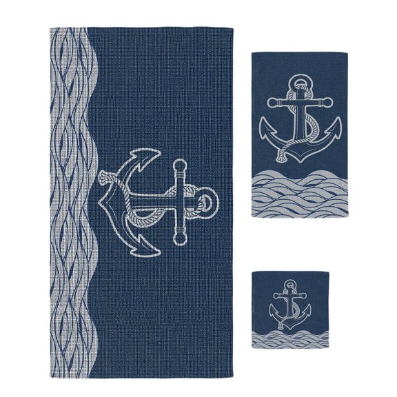 Nautical Anchor Bath Towels Set of 3 with Bath Towel Hand Towel Washcloth, Navy Blue Coastal Ropes Vintage Ocean Waves Towel Sets for Bathroom/Kitchen/Beach, Soft Absorbent Luxury Bath Towels