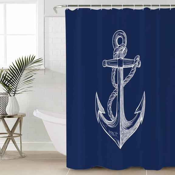 Nautical Anchor Bathroom Curtain 72 Inch Shower Stall Curtain with Hooks, Navy Blue Coastal Marine Minimalist Rope Waterproof Polyester Bath Curtain Washable Bathtub Curtain 36''x 72''