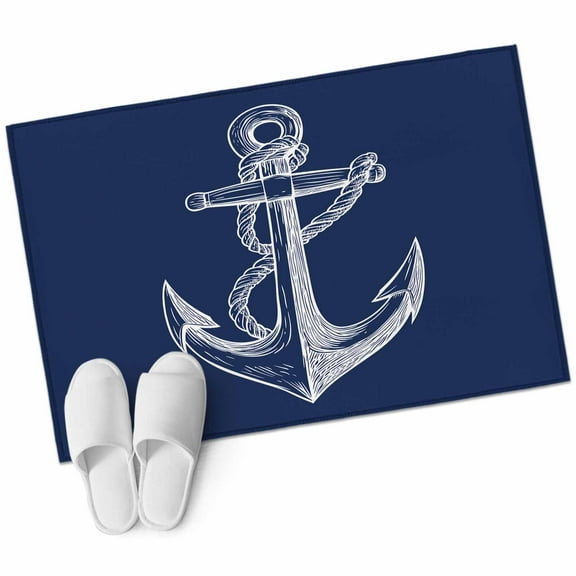Nautical Anchor Bathroom Mat 2x3 FT, Non Slip Small Kitchen Mat, Navy Blue Coastal Marine Minimalist Rope Washable Soft Backed Front Door Throw Rug Indoor Outdoor Doormat for Entryway Sink