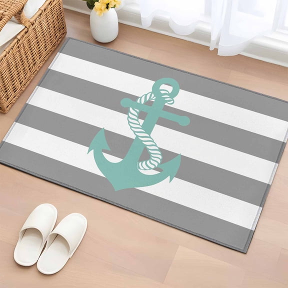 Nautical Anchor Bathroom Mats 2x3 FT,Non Slip Small Kitchen Mat,Turquoise Grey White Horizontal Stripe Washable Soft Backed Front Door Throw Rugs Non-Shedding Indoor Outdoor Doormat for Entryway Sink
