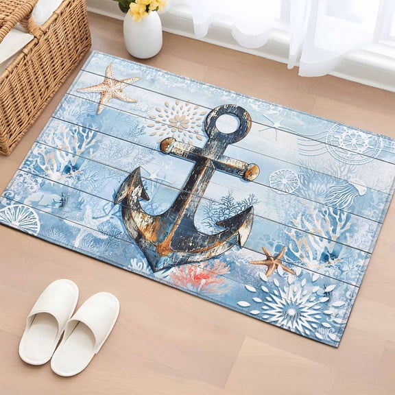 Nautical Anchor Bathroom Rug Washable 2x3 Entryway Rug Non Slip Blue Coastal Starfish Coral Wooden Grain Front Door Mat Low Pile Indoor Doormat Throw Floor Carpet for Kitchen Bedroom Entrance