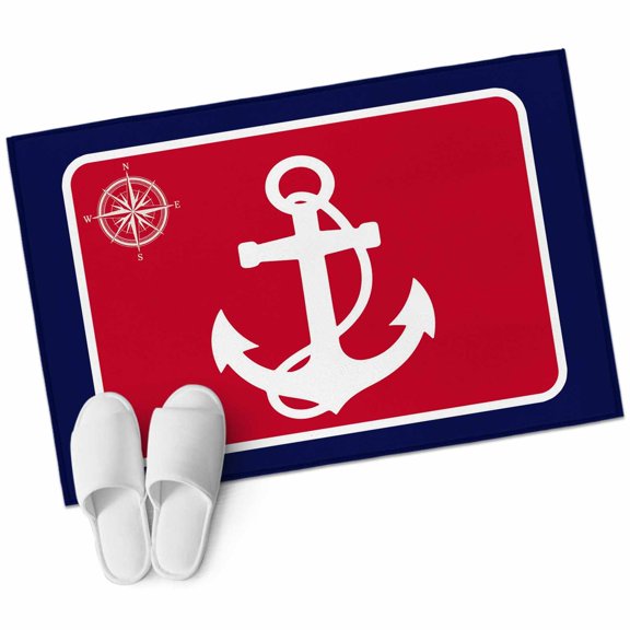 Nautical Anchor Bathroom Rug Washable 2x3 Entryway Rug Non Slip Blue Red Coastal Ocean Beach Compass Front Door Mat Low Pile Indoor Doormat Throw Floor Carpet for Kitchen Bedroom Entrance