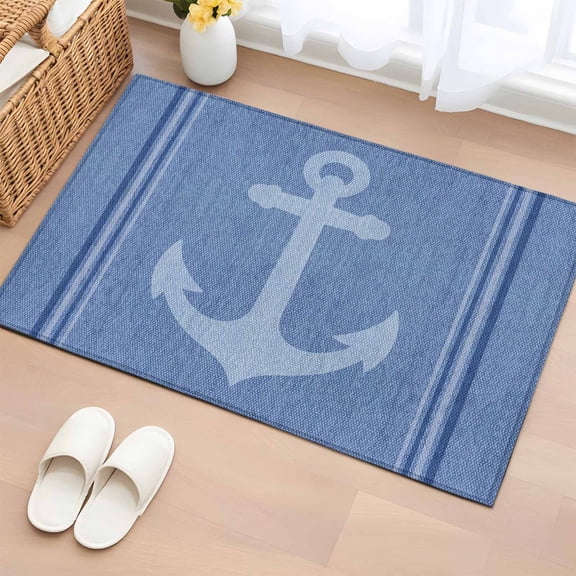 Nautical Anchor Bathroom Rug Washable 2x3 Entryway Rug Non Slip Modern Blue Ocean Abstract Striped Front Door Mat Low Pile Indoor Doormat Throw Floor Carpet for Kitchen Bedroom Entrance