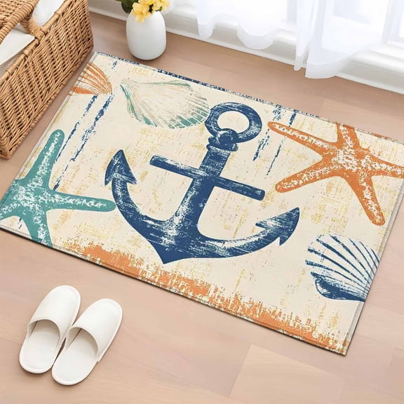 Nautical Anchor Bathroom Rug Washable 2x3 Entryway Rug Non Slip Summer Coastal Ocean Vintage Starfish Front Door Mat Low Pile Indoor Doormat Throw Floor Carpet for Kitchen Bedroom Entrance
