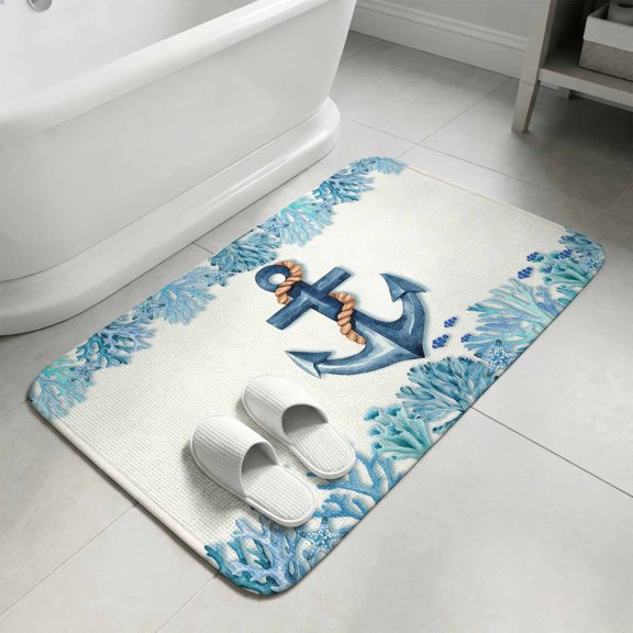 Nautical Anchor Bathroom Rugs Non Slip Washable Bath Mat Absorbent Front Door Mat Summer Coastal Coral Starfish Fish Blue Indoor Doormat for Kitchen Entryway Shower Decor Accessories 15.7"x23.6"