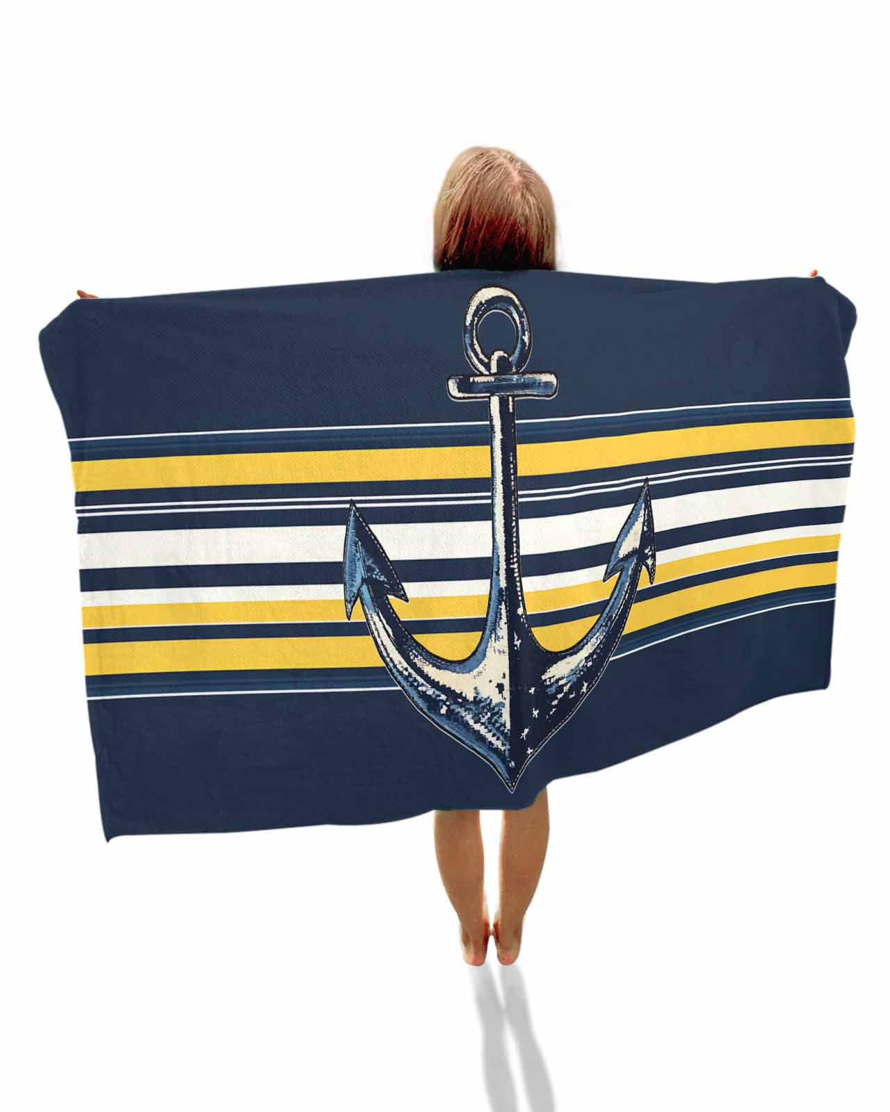 Nautical Anchor Beach Towels Oversized Super Absorbent, Navy Blue Yellow Striped Farmhouse Ombre Lightweight Bath Towel Quick Dry Sets For Bathroom/Pool/Rv Camping/Beach Play/Gym Room/Picnic 23"x47"