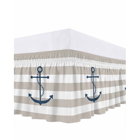 Nautical Anchor Bed Skirt California King Size 18" Drop Beige and White Striped Ruffled Wrap Around Bed Skirts Adjustable Elastic Bedskirt Dust Ruffle for California King Size Bed