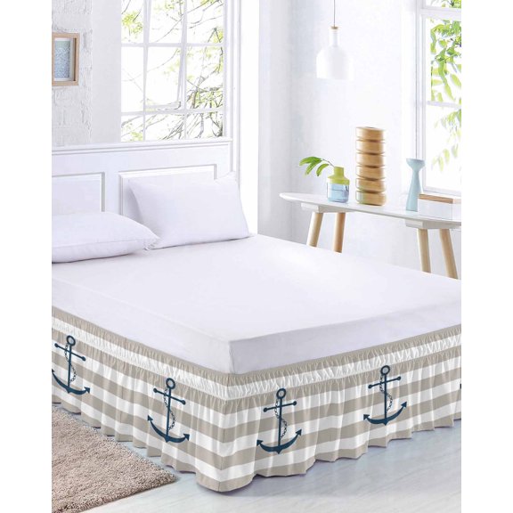 Nautical Anchor Bed Skirt King Size 16 Inch Drop, Beige and White Striped Adjustable Elastic Dust Ruffles Bedskirt for King Bed Wrap Around Pleated Mattress Frame Cover