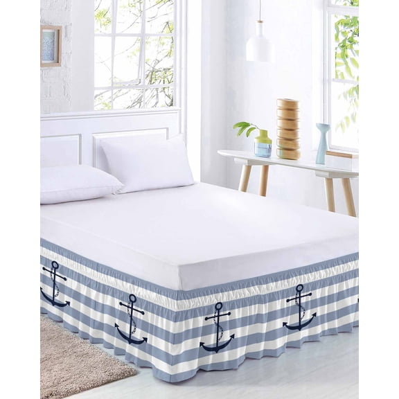Nautical Anchor Bed Skirt King Size 16 Inch Drop, Sky Blue and White Striped Adjustable Elastic Dust Ruffles Bedskirt for King Bed Wrap Around Pleated Mattress Frame Cover
