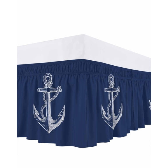 Nautical Anchor Bed Skirt King Size, Navy Blue Coastal Marine Minimalist Rope Wrap Around Bed Skirting with Adjustable Elastic Strap, Dust Ruffle Pleated Bedskirts 16 Inch Drop for Bedroom King Beds