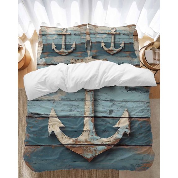 Nautical Anchor Bedding Duvet Cover Set Queen Size 4 Pieces Vintage Style Blue Wood Grain Bedding Set with Zipper Closure, 1 Comforter Cover 90x92 Inches 1 Flat Sheet & 2 Pillow Cases