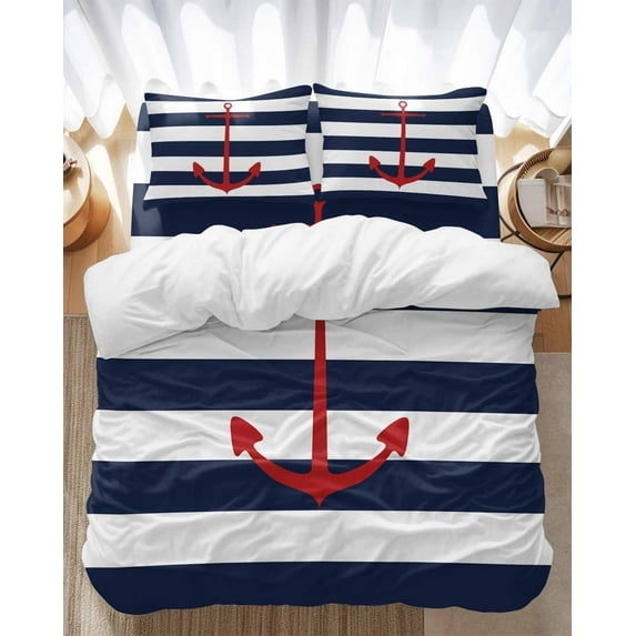 Nautical Anchor Bedding Duvet Cover Set Twin Size 4 Pieces Navy Blue and White Striped Bedding Set with Zipper Closure, 1 Comforter Cover 68x86 Inches 1 Flat Sheet & 2 Pillow Cases