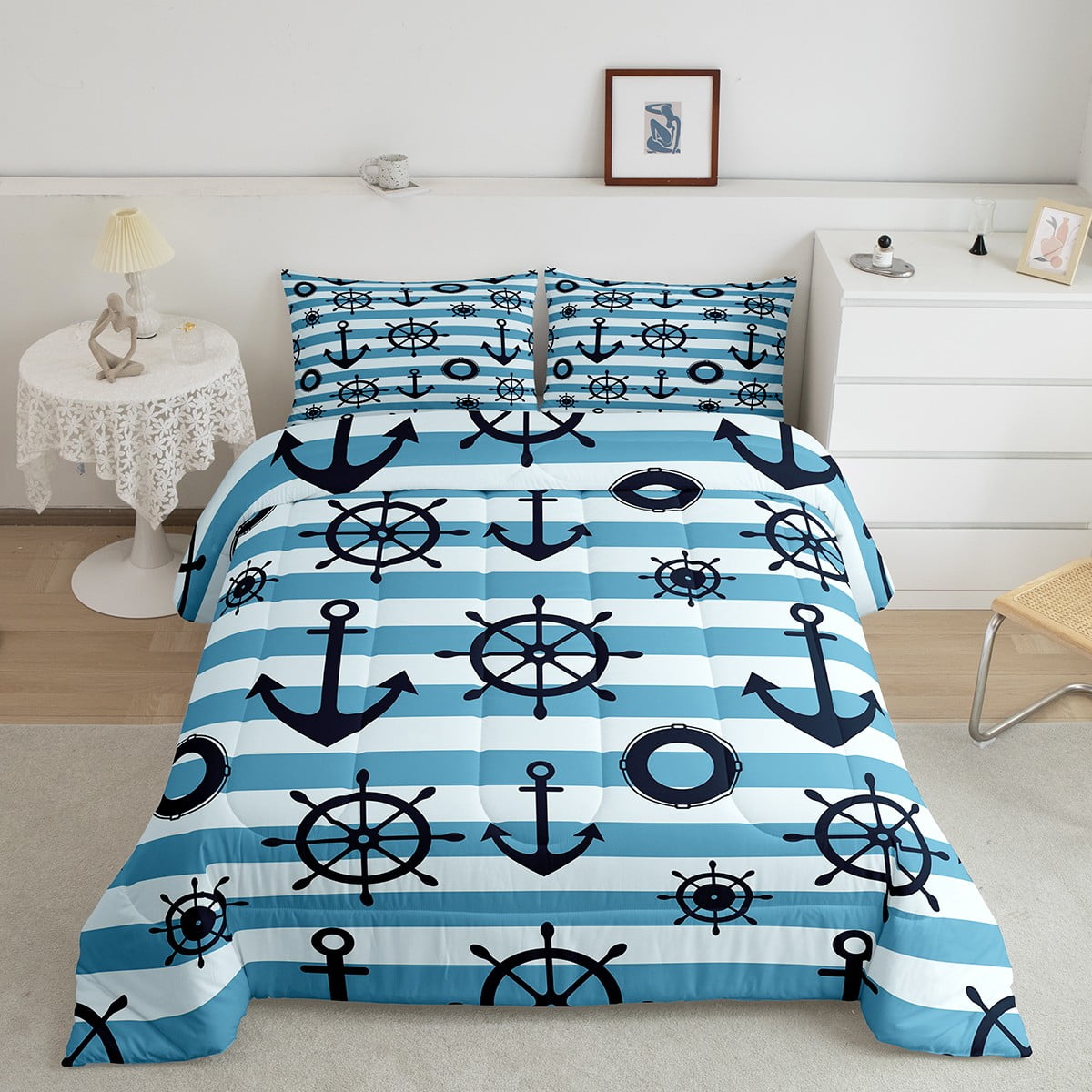 Nautical Anchor Bedding Set King Navy Blue And White Stripes Comforter Set for Kids Boys Geometric Striped Bedding Comforter Sets Coastal Bedding