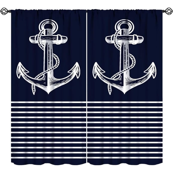 Nautical Anchor Blackout Curtains Beach Coastal Rustic Anchor Blue White Modern Simple Art Design Kids Boys Men Bedroom Living Room Rod Pocket Decoration Window Drapes 2 Panels W42xL84in