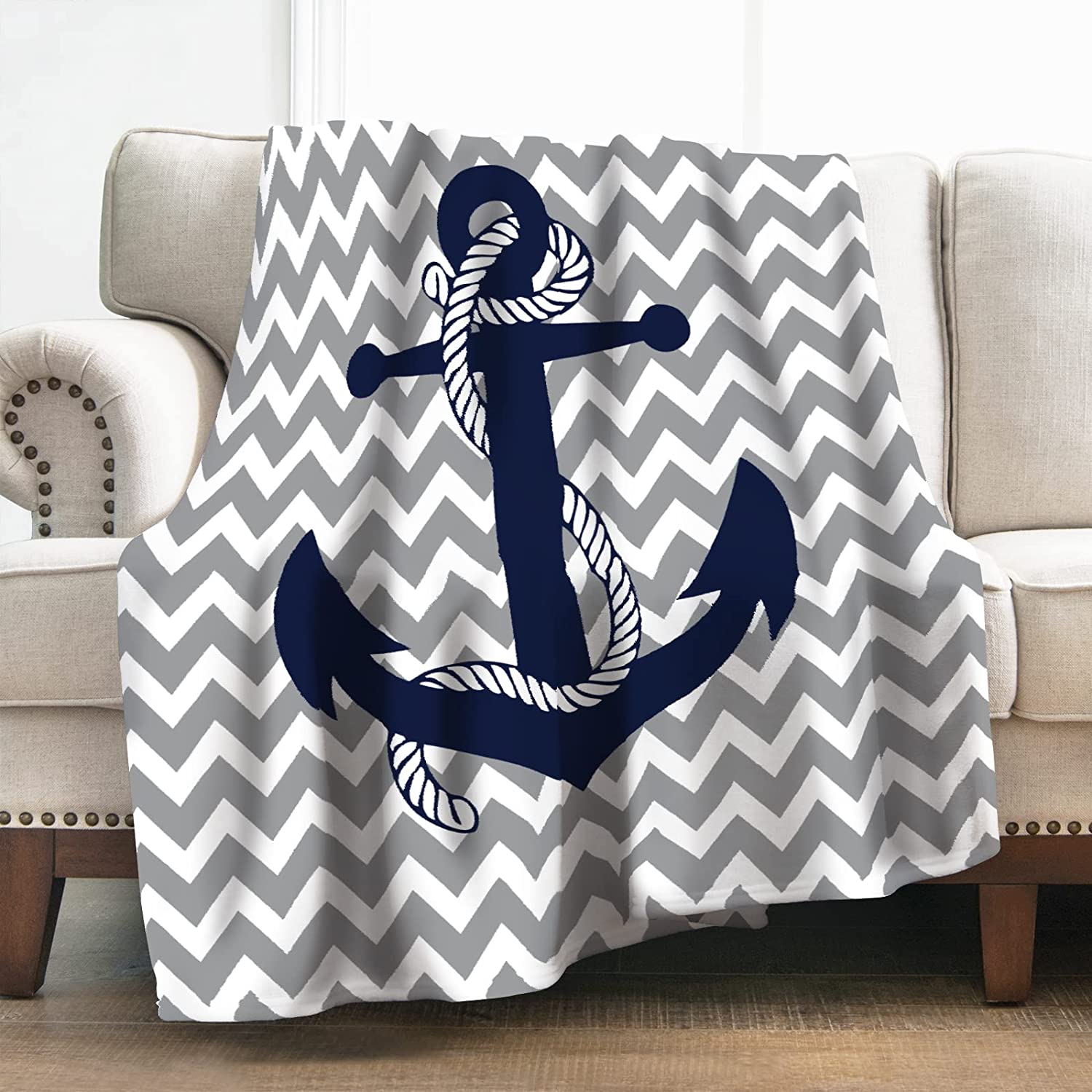 Nautical Anchor Blanket Gifts for Boys Men, Gray and White Chevron