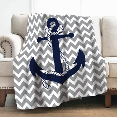 Nautical Anchor Blanket Gifts for Boys Men, Gray and White Chevron Decoration for Home Bedroom Living Room Couch Lounge, Soft Fluffy Lightweight Plush Throw Blankets Twin 60"x80"