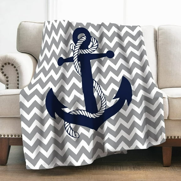 Nautical Anchor Blanket Gifts for Boys Men, Gray and White Chevron Decoration for Home Bedroom Living Room Couch Lounge, Soft Fluffy Lightweight Plush Throw Blankets Twin 60"x80"