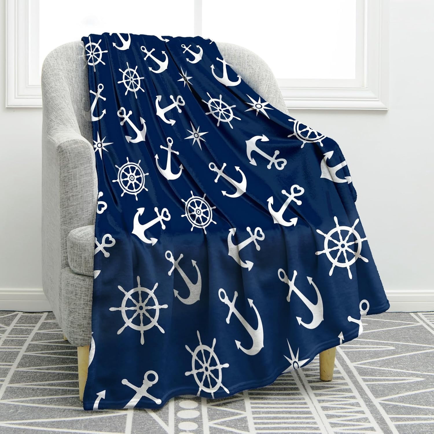 Nautical Anchor Blanket Gifts for Men Women Boaters Sailors Birthday Christmas for Dad Husband Son Fathers Day Presents Sea Ocean Boat Steering Wheel Theme Navy Throw Blankets Dark Blue