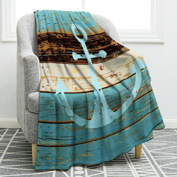 Nautical Anchor Blanket Rustic Wood Anchor Print Gifts for Women Kids Boys Men Home Bedroom Living Room Decor Soft Cozy Lightweight Throw Blankets Blue 50"x60"