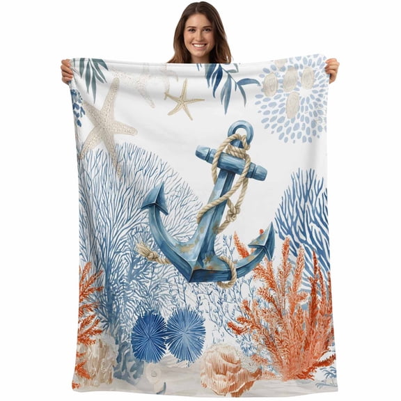 Nautical Anchor Blanket Soft Cozy Warm Throw Blanket for Couch, Plush Fuzzy Flannel Blankets for Sofa, Blue Coastal Starfish Coral Leaves Bed Blankets Lightweight Gifts for Women, 30"x40"