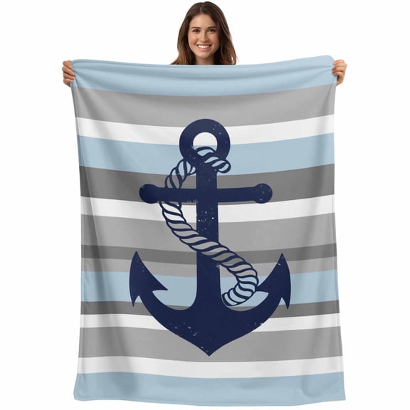 Nautical Anchor Blanket Soft Cozy Warm Throw Blanket for Couch, Plush Fuzzy Flannel Blankets for Sofa, Ocean Grey Blue Stripes Modern Simplistic Bed Blankets Lightweight Gifts for Women, 30"x40"