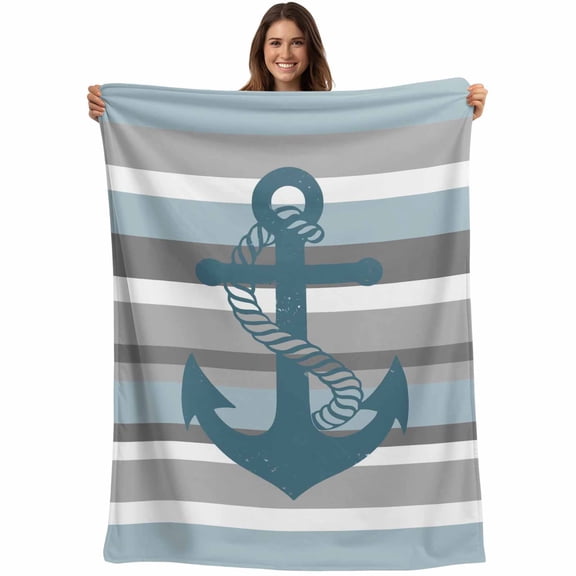 Nautical Anchor Blanket Soft Cozy Warm Throw Blanket for Couch, Plush Fuzzy Flannel Blankets for Sofa, Ocean Grey Blue Stripes Simple Lines Bed Blankets Lightweight Gifts for Women, 30"x40"