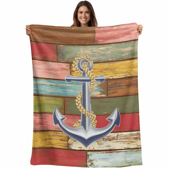 Nautical Anchor Blanket Soft Cozy Warm Throw Blanket for Couch, Plush Fuzzy Flannel Fleece Blankets for Sofa, Country Vintage Colorful Wooden Plank Bed Blankets Lightweight Gifts for Women, 30"x40"