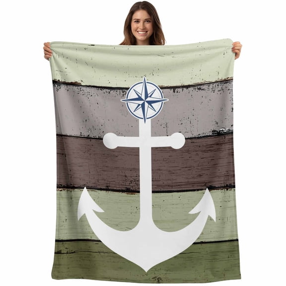Nautical Anchor Blanket Soft Cozy Warm Throw Blanket for Couch, Plush Fuzzy Flannel Fleece Blankets for Sofa, Farmhouse Sage Green Brown Wooden Grain Bed Blankets Lightweight Gifts for Women, 30"x40"