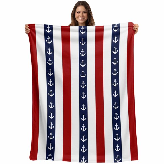 Nautical Anchor Blanket Soft Cozy Warm Throw Blanket for Couch, Plush Fuzzy Flannel Fleece Blankets for Sofa, Red Navy Blue White Stripe Geometric Bed Blankets Lightweight Gifts for Women, 30"x40"