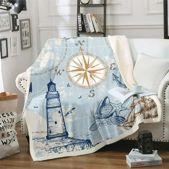 Nautical Anchor Blanket Vintage Sail Boat Lighthouse Throw Blanket for Bed Couch,Conch Starfish Seashell Fleece Blanket Baby Size Ocean Wave Sherpa Blanket,Sketch Style World Map Soft Cozy