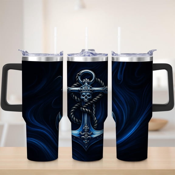 Nautical Anchor Blue Stainless Steel Insulated Mug with Lid and Handle, 40oz