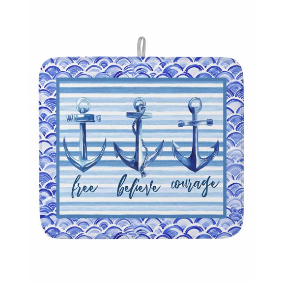 Nautical Anchor Blue Stripe Dish Drying Mats for Kitchen Counter,Absorbent Microfiber Dish Drainer Rack Mat Ocean Theme Motivational Words Drying Pad for Sinks,Utensils,Countertops,16x18in
