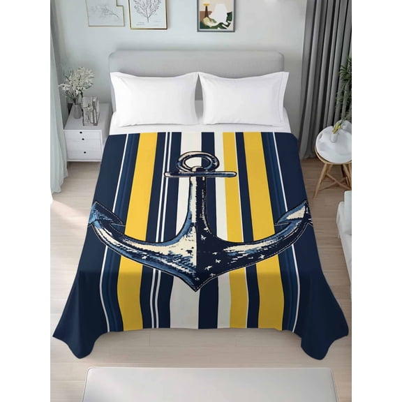 Nautical Anchor California King Size Flat Sheet, Wrinkleproof & Fadeproof Cooling Flat Bed Sheet Only, Navy Blue Yellow Striped Farmhouse Ombre Breathable Soft Bedding Top Sheets 108 x 98 Inches