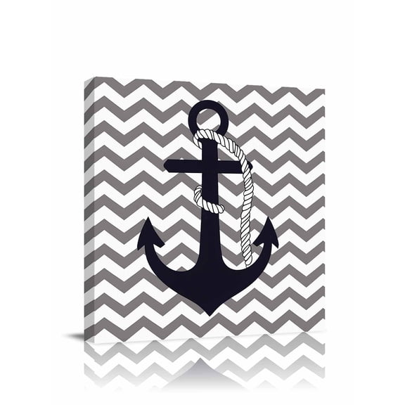 Nautical Anchor Canvas Wall Art, Gray Chevron Striped Abstract Geometric Framed Wall Decor Modern Artwork Prints Painting for Living Room, Bedroom, Kitchen & Cafe Decor 8x8 Inch