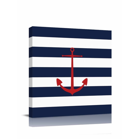 Nautical Anchor Canvas Wall Art, Navy Blue and White Striped Framed Wall Decor Modern Artwork Prints Painting for Living Room, Bedroom, Kitchen & Cafe Decor 28x28 Inch