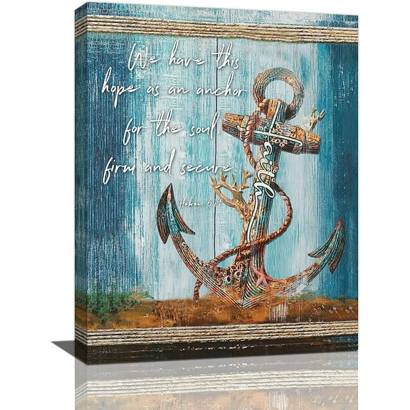 Nautical Anchor Canvas Wall Art Rustic Coastal Anchor Wall Decor Christian Bible Inspirational Quotes Pictures Painting Print Modern Artwork Framed for Bathroom Living Room Bedroom 12"x16"