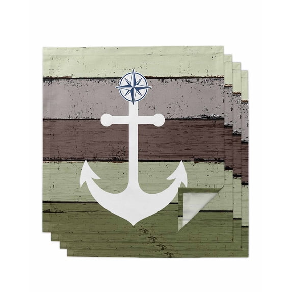 Nautical Anchor Cloth Napkins Set of 4 Reusable Dinner Napkins, Farmhouse Sage Green Brown Wooden Grain Cocktail Napkin Washable Table Napkins for Wedding/Holiday Party/Baby Shower 20"x20"