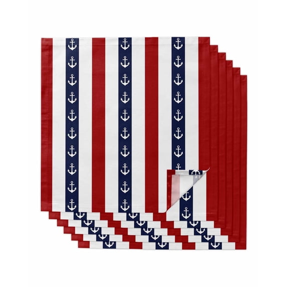 Nautical Anchor Cloth Napkins Set of 6 Reusable Dinner Napkins, Red Navy Blue White Stripe Geometric Cocktail Napkin Washable Table Napkins for Wedding/Holiday Party/Baby Shower 20"x20"