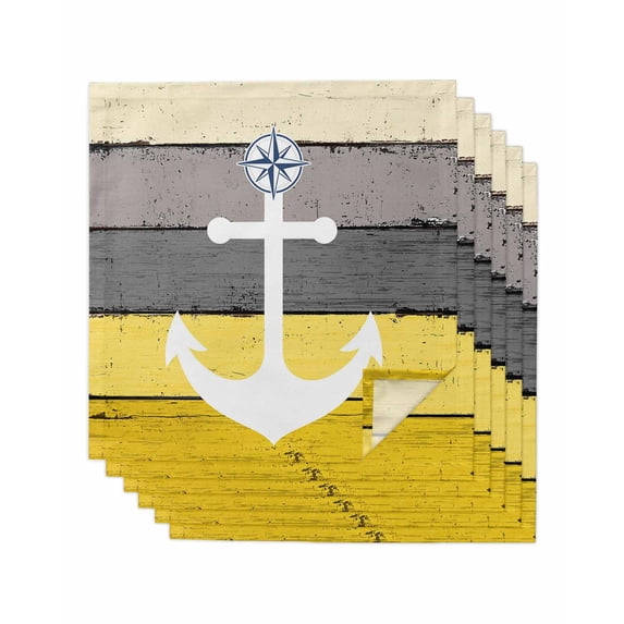 Nautical Anchor Cloth Napkins Set of 6 Reusable Dinner Napkins, Yellow Gray Gradient Wooden Grain Cocktail Napkin Washable Table Napkins for Wedding/Holiday Party/Baby Shower 20"x20"