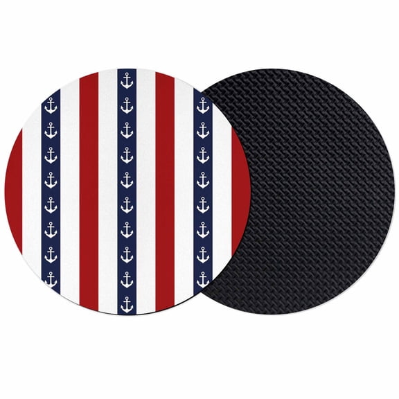 Nautical Anchor Coasters Set of 2, Red Navy Blue White Stripe Geometric Absorbent Coasters for Drinks, Coaster for Bar Office Dining Coffee Table Accessories Decor, Non Slip Round Desk Coaster