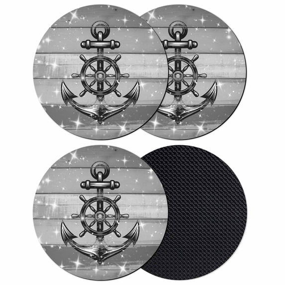 Nautical Anchor Coasters Set of 4, Absorbent Coasters for Drinks, Rudder Stars Retro Black Grey Wooden Grain Coaster for Desk Coffee Table Protection, Home Decor House Warming Gifts 4"