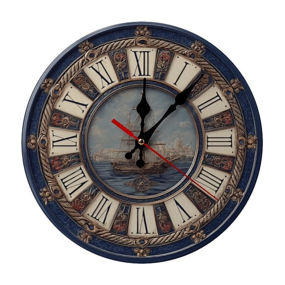 Nautical Anchor Compass Durable Wooden Analog Wall Clock, Silent Sweep Clock for Living Room & Office Decor